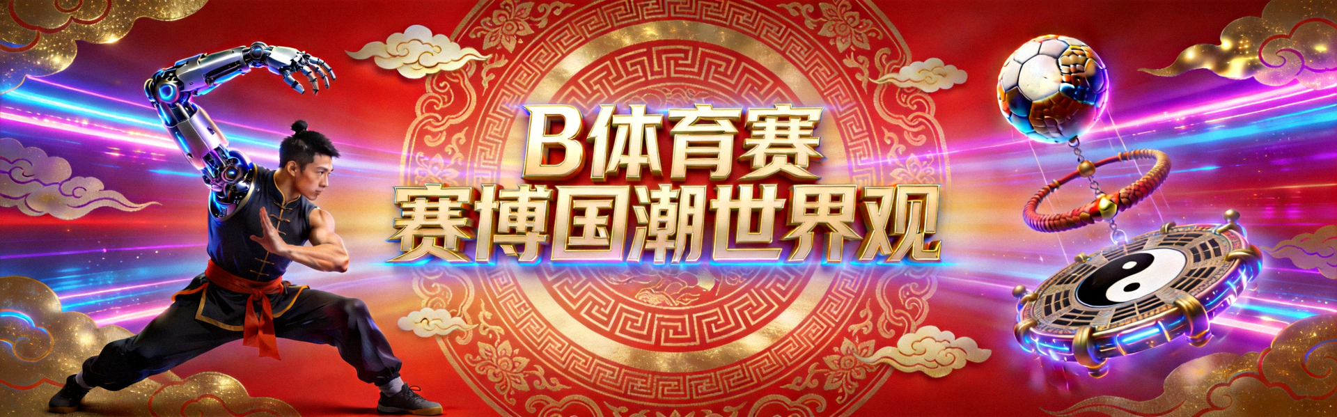 B体育赛博国潮世界观大横幅 - 融合未来科技与中国传统体育元素的美术场景
