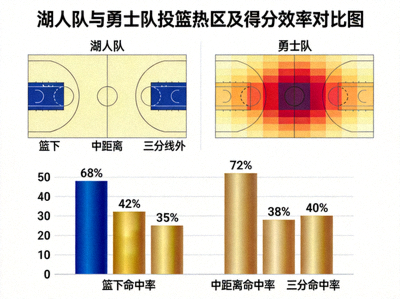篮球数据分析图，展示湖人队与勇士队的投篮热区分布和得分效率对比