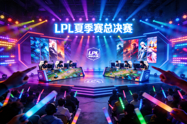 LPL夏季赛总决赛：两支顶级电竞战队在舞台上进行英雄联盟比赛，现场灯光绚烂