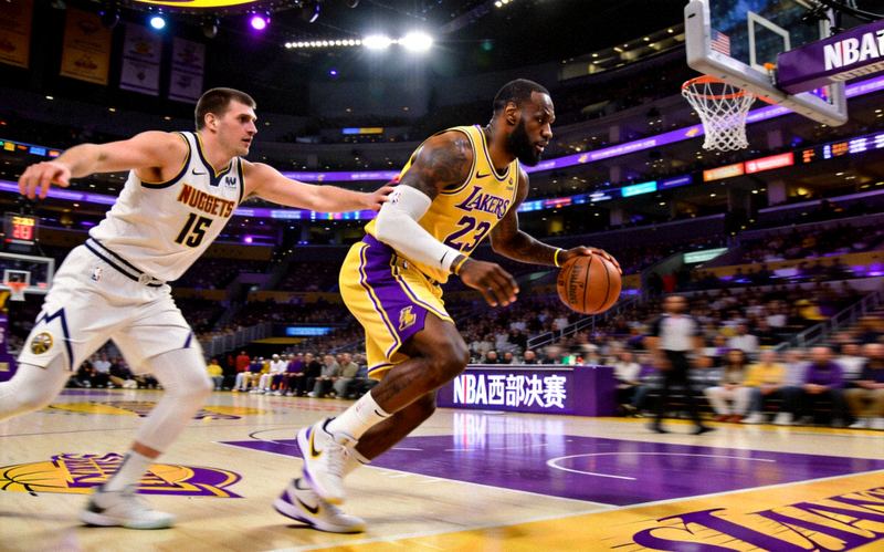 NBA西部决赛：洛杉矶湖人主场迎战丹佛掘金，勒布朗·詹姆斯突破约基奇防守的精彩画面