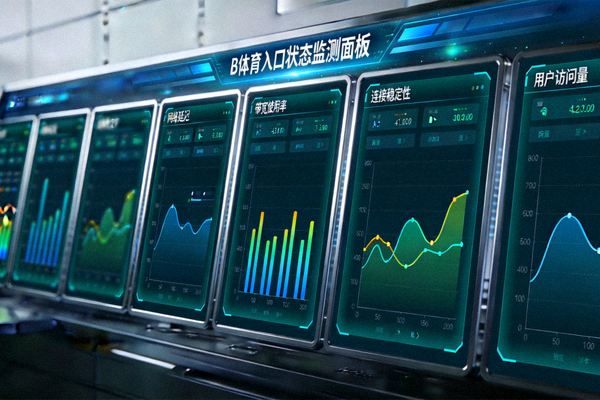 B体育入口状态监测面板 - 多块屏幕展示网络状态与数据曲线，代表入口状态可视化