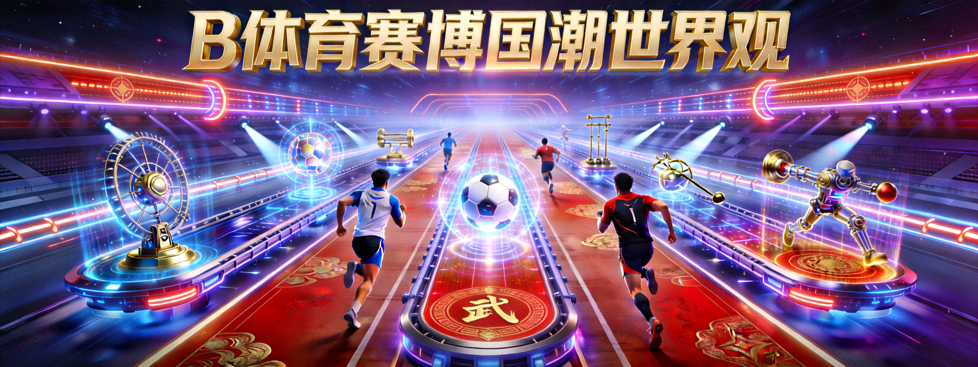B体育赛博国潮世界观大横幅 - 融合未来科技与中国传统体育元素的赛道场景