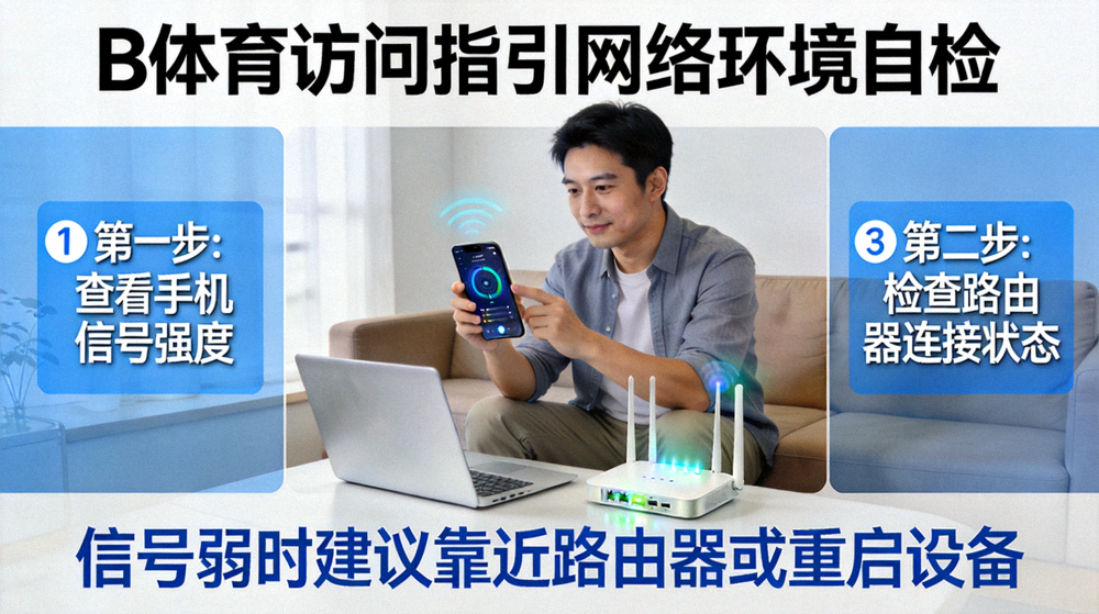 B体育访问指引网络环境自检示意配图 - 用户在室内查看设备网络状态