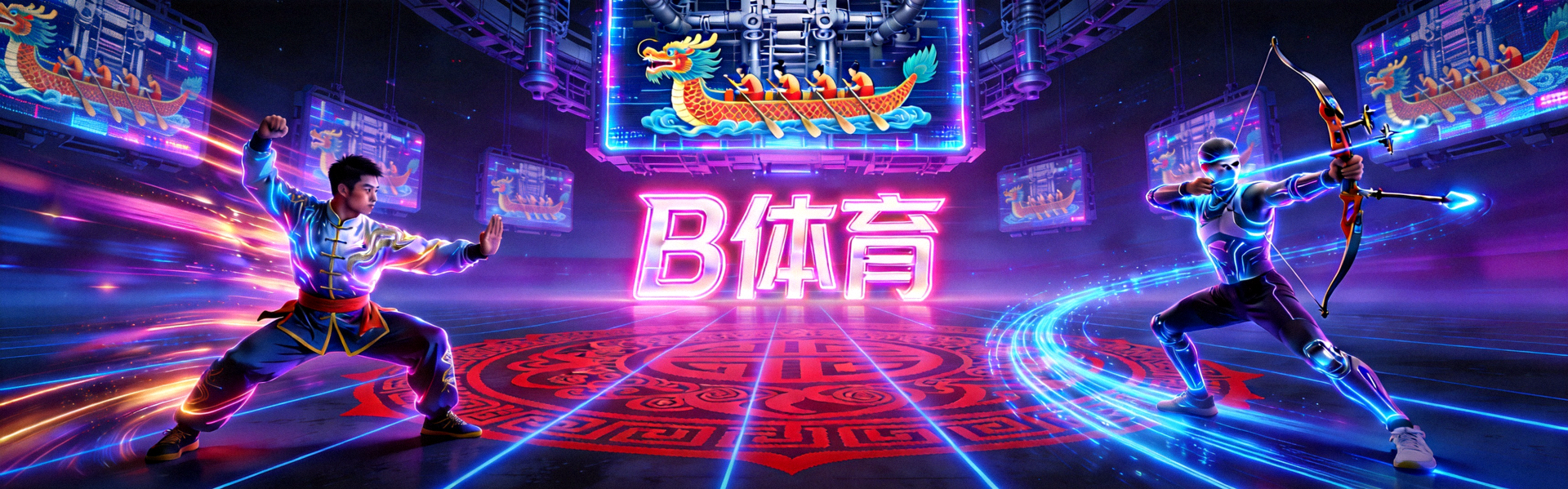 B体育赛博国潮世界观大横幅 - 融合未来霓虹科技与中国传统体育元素的大型赛事场景
