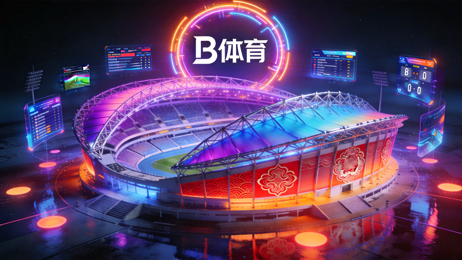 B体育赛博国潮世界观全景图，融合未来霓虹光影与体育场馆元素