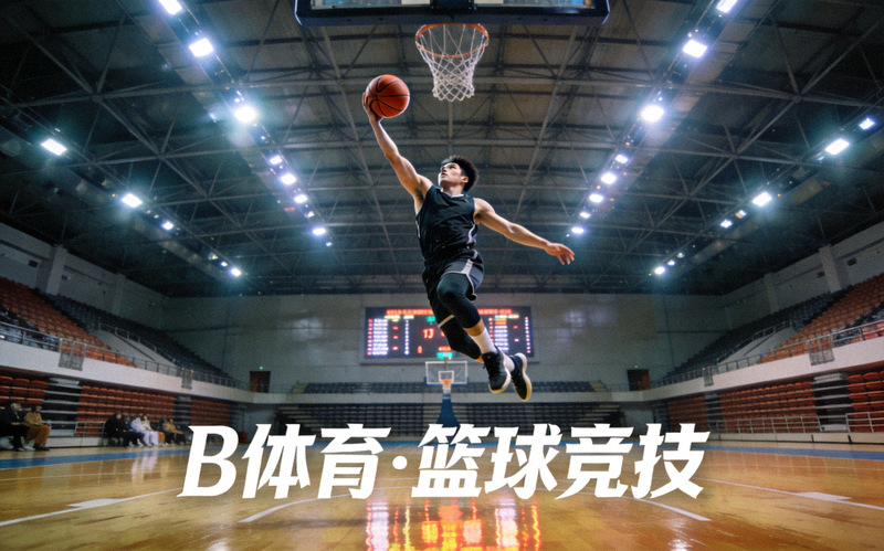 篮球运动员在室内球馆跃起投篮的瞬间，体现B体育篮球玩法