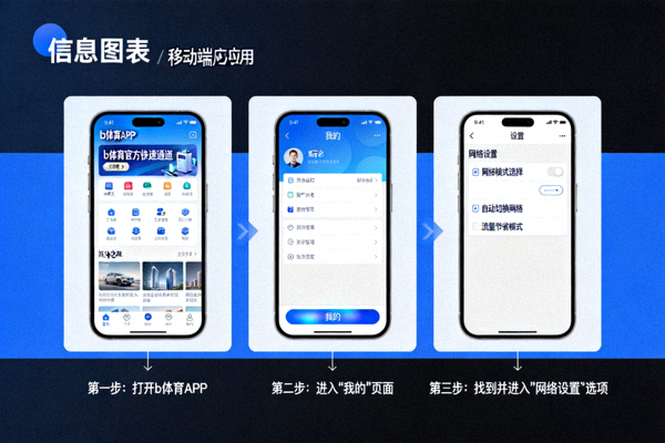 b体育官方快速通道使用指南步骤示意图，展示移动端应用内的网络设置选项界面