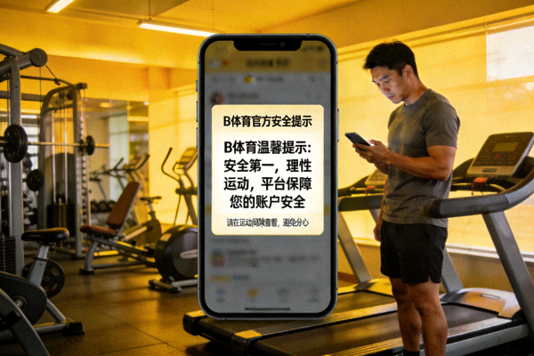 B体育官方安全提示配图 - 用户在健身房中查看手机上的平台公告