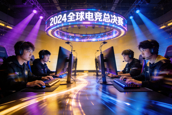电子竞技赛事现场图 - 选手专注操作与舞台灯光氛围