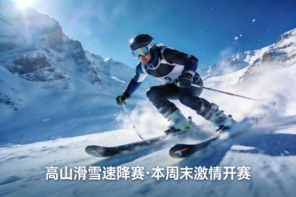 高山滑雪速降赛预告配图，滑雪运动员在雪道上高速滑行